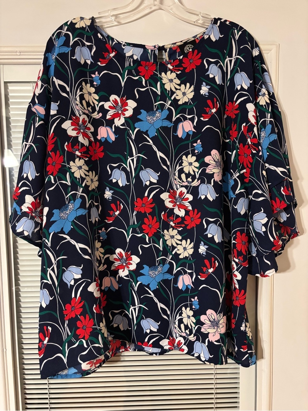 bobeau Navy Floral Blouse with Red, Blue & Cream Flowers